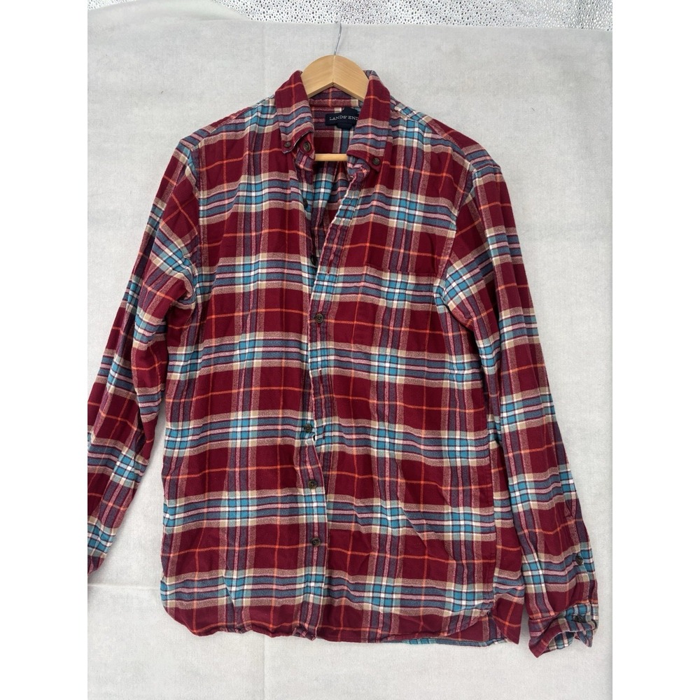 Land's End Traditional Fit Flannel Shirt Red Blue Plaid Mens MT 15-15.5 Casual